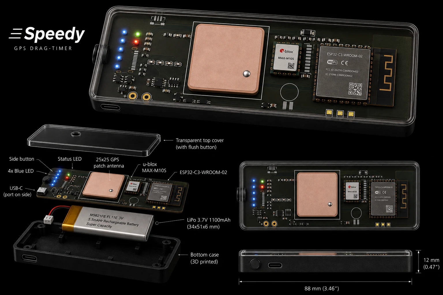 Speedy board product render on black: an exploded view of the clear-cased GPS timer with callouts for the 25 by 25 mm patch antenna, u-blox MAX-M10S receiver, ESP32-C3 wireless module, four blue LEDs, side button, USB-C port, battery and 3D-printed bottom case, beside assembled top and side views.